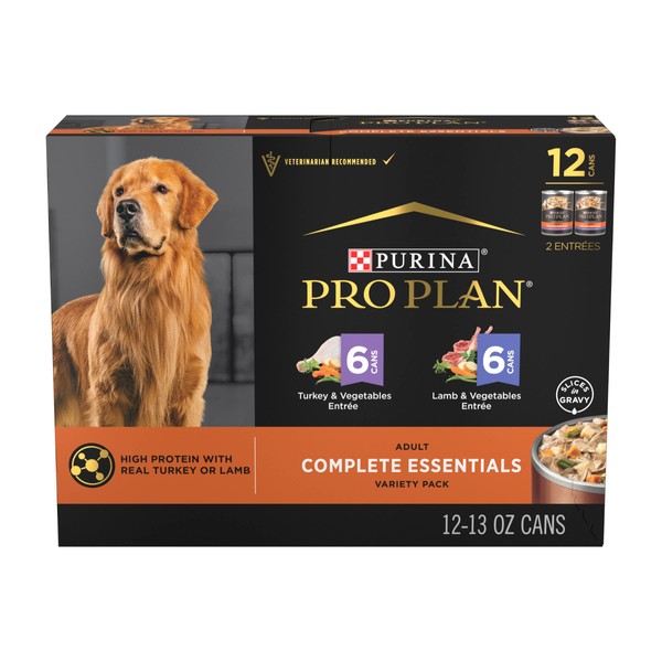 Purina Pro Plan Complete Essentials Lamb and Vegetables and Turkey and Vegetables Slices in Gravy 12ct High Protein Wet Dog Food Variety Pack - (12) 13 oz. Cans