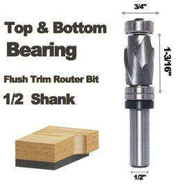 Compression Top and Bottom Bearing Flush Trim Router Bit 1/2 Shank - 3/4" Cutting Dia, 1-3/16" Height, Carbide Spiral Up-Down Pattern Template Flush Cut Router Bit, for Wood Trimming