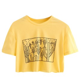 SweatyRocks Women's Cactus Print Crop Top Summer Short Sleeve Graphic T-Shirts Yellow Small