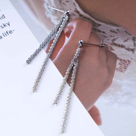 Cimenexe Bohemia Tassel Crystal Drop Earrings Silver Tassel Long Dangle Earrings Rhinestone Tassel Stud Earrings Tassel Cz Tassel Chandelier Earrings Jewelry for Women and Girls Gifts