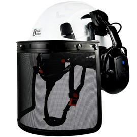 SAFEBUILDER Forestry Chainsaw Tree Work Safety Helmet Vented Hard Hats w/Visor Bluetooth Ear Muffs Face Shield Outdoor Hardhats Vented ANSI Z89.1 (White Hat+ICV+BTE+MH)