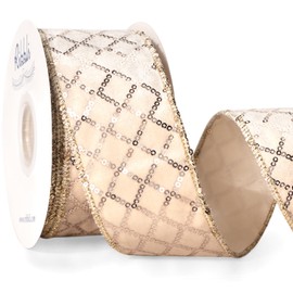 Ribbli Ivory Velvet Wired Ribbon with Champagne Glitter Sequin 2.5 Inch x 10 Yards Christmas Ribbon for Gift Wrapping Tree Decoration Crafts Wreaths Supplies