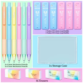 Drawdart Mechanical Pencil Set, 6 Pcs Pastel Mechanical Pencils 0.7mm & 0.5mm with 6 Tubes of HB Lead Refill and 4 Erasers, Cute Aesthetic School Supplies for Writing Drawing Sketching Drafting