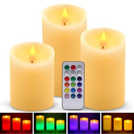 Flameless LED Candles Light, ALED Light 3 Pack Warm White Plus Multicolor Real Wax Battery Operated Electric LED Battery Candles with Timer FLameless Pillar Candles for Decoration
