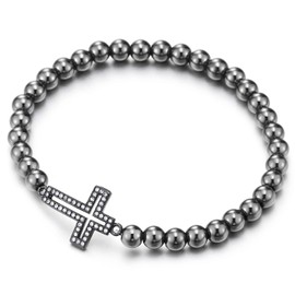 COOLSTEELANDBEYOND Grey Black Beads Bracelet for Women with Cubic Zirconia Horizontal Sideway Cross