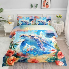 Smell Sunshine Sea Turtle Comforter Set Ocean Cartoon Animal Printed Bedding Set with 1 Comforter and 2 Pillowcases for Boys and Girls Bedroom All Season(Turtle Full)
