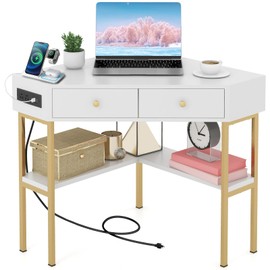 Giantex Corner Desk with Charging Station, 90 Degree Triangle Computer Desk with 2 Drawers & Storage Shelf, L-Shaped Writing Desk Makeup Vanity Table, Compact Corner Desk for Small Spaces (White)