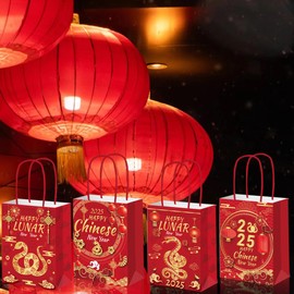 LOONELO Chinese New Year Party Favor Bags with Handle, 12pcs 2025 Snake Year Treat Gift Holders, Spring Festival Double Side Printing Candy Goodie Kraft Bags for Lunar New Year Party Decorations