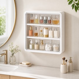Bathroom Organizer for Cosmetics and Toiletries - Transparent Multi-Layer Display Cabinet with Removable Shelves, No-Drill Storage