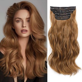 Clip in Hair Extensions 4Pcs 180g Long Wavy Synthetic Hair Extension Clip ins Golden Honey Caramel Curls for Women 20 inch Clip in Extensions (30, 20inch)