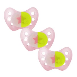 Dentistar® Night Latex Dummies Set of 3 - Size 3 from 14 Months - Teeth & Orthodontic Glow Dummy for Night - Pink with Star Motif, Glow in the Dark - Made in Germany