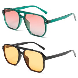 PROUDDEMON Retro oversized aviator Sunglasses Women Men, 70s 90s Square Vintage Stylish Frame Sunglasses, Red+yellow