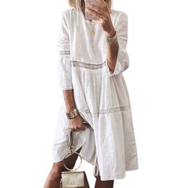 utcoco Womens Lace Eyelet Embroidery Dresses 3/4 Trumpet Sleeve Crochet Spliced A Line Flowy Boho Midi Dress (Small, White)