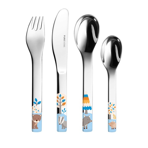 Puresigns Ergonomic Children's Cutlery Set 4-Piece 18/10 Stainless Steel - Safe & Durable - Forest Animals Motifs (Bear, Badger, Boar) - Dishwasher Safe - Ideal for Toddlers & Learning to Eat Cutlery