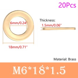 Qrity M6 Flat Washer, 20PCS Brass Washers, 6mm x 18mm, Round Seal Washer Spacer, O Ring Washers, Brass Sealing Gasket Washers for Home, Office, Shop, Factory Repair