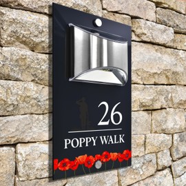 Custom Signs Solar Illuminated Modern Anthracite House Number Sign 24cm x 14.5cm Rememberance Day Flower Field Design