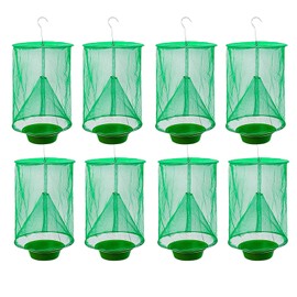 Ranch Fly Trap Outdoor Hanging Reusable with Fishing Apparatus | Food Bait Tray Catcher Cage for Indoor or Outdoor Family Farms, Park (8 pack)