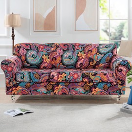 Lamberia Printed Sofa Cover for 3 Cushion Couch High Stretch Sofa Slipcovers 4 Piece Sofa Slipcover with Three Separate Cushion Covers Elastic Bottom Floral Pattern (Purple, Sofa)