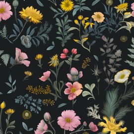 ILHIIOR Black Floral Wallpaper Boho Peel and Stick Wallpaper Leaf Vintage Contact Paper Colorful Floral Wall Paper Removable Wallpaper Self Adhesive for Cabinet Drawers Wall Decor 17.5''x118.1''