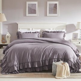 Cupocupa Purple Pink Comforter Set Queen, 3Pcs Comforters Queen Size Ruffle Farmhouse Bedding Sets Queen with Comforter, Lightweight Soft Shabby Chic Bedding Comforter Set Fluffy for All Season