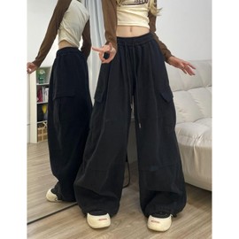 PEAINJ Baggy Cargo Pants for Women Men Y2k Wide Leg Sweatpants High Waisted Drawstring Pants Hip Hop Clothes Black-XS