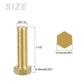 METALLIXITY Hex Head Screw Bolt (3/8-16x1-1/2") 2Pcs, Brass Fully Threaded Solid Brass Hex Bolts Machine Screws - for Machinery Repair