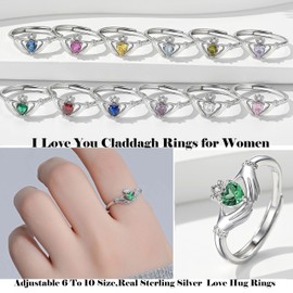 Stacking May Claddagh Birthstone Ring: S925 Sterling Silver Green Heart Irish Rings Adjustable Promise Band for Teen Daugters Best Friends Christmas Anniversay Birthday Gifts Jewelry