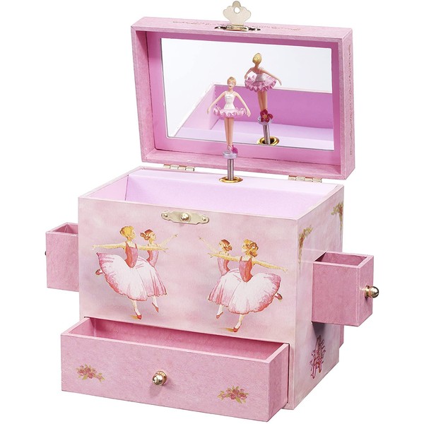 Enchantmints Ballerina Jewelry Box for Girls Musical - Kids Treasure Box with 4 Pull out Drawers, Glass Mirror, Water Color Art & Ballerina Figurine Spinning on Swan Lake Music Tune - Pink