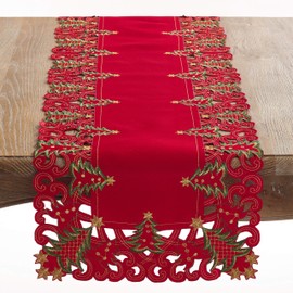 Fennco Styles Pandoro Collection Holiday Embroidered Christmas Tree Cutwork Border 16 x 54 Inch Table Runner – Red Table Runner for Christmas Dinner, Family Gathering, Special Events and Home Décor
