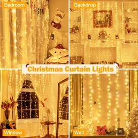 Ollny Fairy Lights Curtain 200 LED 6.6x6.6ft, USB Warm White Christmas Curtain Lights with Hook, Waterproof Window Lights for Bedroom Backdrop Wall Outdoor Indoor Decorations