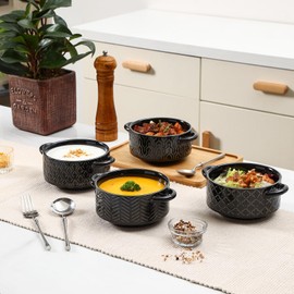 Sureasy Soup Bowls with Handles, Ceramic French Onion Soup Bowls 20 oz, Oven Safe Soup Crocks for Beef Stew, Chili, Cereal, Pot Pies, Embossed Serving Bowls Set of 4, Gift, Black