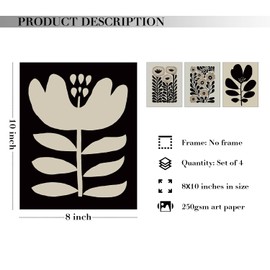 JXREQ Vinatge Boho Abstract Matisse Floral Wall Art, Mid Century Modern Abstract Black and Beige Floral Wall Decor for Home Kitchen Bedroom Bathroom Living Room, 8x10 Inch Unframed 4Pcs