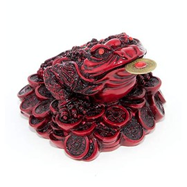 4.5" Red Feng Shui Money Frog, 3-Legged Toad Statue w/Chinese Coin in Mouth to Bring Wealth