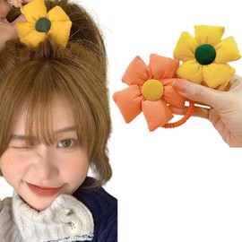 2Pcs Flower Hair Ties Elastic Stretchy Rubber Hairband Floral Bow Hair Ties Ponytail Holder Band Scrunchies Hair Accessories for Women Girl(Yellow+Orange)
