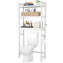 Homykic Over The Toilet Storage, Bamboo Over Toilet Bathroom Organizer Rack, Freestanding Bathroom Shelves Above Toilet Storage with 3 Hooks, Bathroom Space Saver, No Rust, Easy to Assemble, White