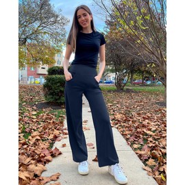 Promover Yoga Pants with Pockets for Women Wide Leg Pants High Waist Workout Pants Tummy Control Work Pants(Dark Navy,L,Petite)