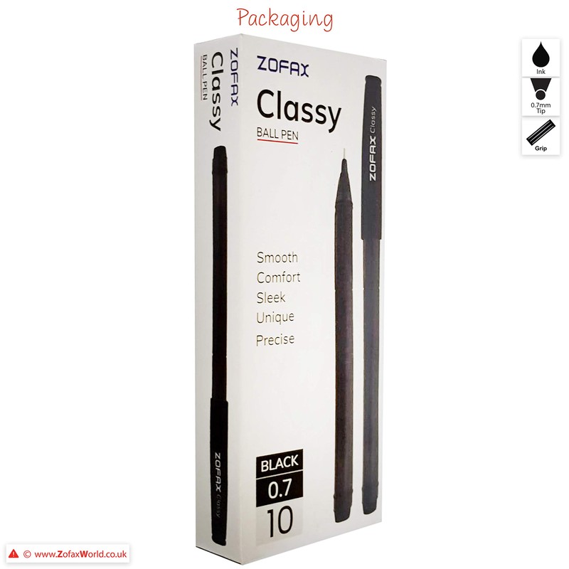 ZOFAX Classy 10 x 0.7mm Fine Biros BLACK Stick Ballpoint