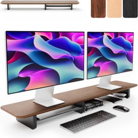 KIVY Dual Monitor Riser with Integrated Metal Shelf - Wooden desk shelf for top of desk - Wood monitor stand for desk 2 monitors / tv - Dual monitor stand riser for desk - Large walnut monitor stand