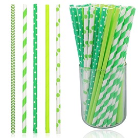 TuseRxln Green Paper Straws, Pack of 100 Biodegradable Paper Straws, Green and White Striped, Paper Straws, Suitable for Occasions such as Parties and Weddings