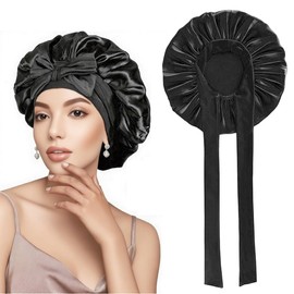 Garegce Silk Bonnet for Sleeping, Adjustable Satin Sleep Cap with Elastic Band, Hair Bonnet for Curly, Braided Natural Long Thick or Frizzy Hair, Night Bonnet for Sleeping, Satin Hair Wrap – Black