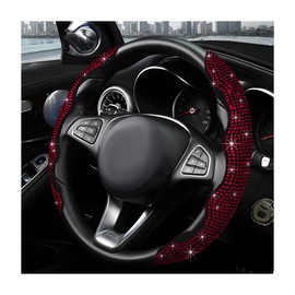 MUQIDA 2PCS Steering Wheel Cover, Sparkling Rhinestone Segmented Steering Wheel Protector Fit 14-15.6 Inch, Non-Slip Wheel Wrap Cover Bling Car Interior Accessories for Women Girls (Red)