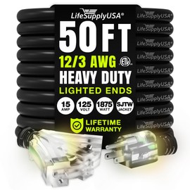 50ft Outdoor/Indoor Extension Cord 3-Outlet 12/3 Gauge Extra Heavy Duty ETL Listed, 3 Prong SJTW, Waterproof, Flexible Cold-Resistant Long Power Cord,15A 125V 1875W, Yellow by LifeSupplyUSA