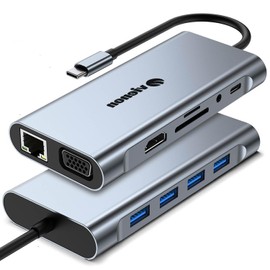 11-in-1 USB C Hub, Laptop Docking Station with RJ45 Gigabit Ethernet, 4K HDMI, 1080P VGA, SD/Micro SD Card Reader, 3.5 mm Audio Aux Jack, PD 100W Charging, Full Functional USB C Dongle