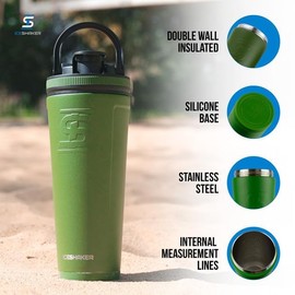 Ice Shaker Ice Shaker Insulated Stainless Steel Shaker Bottle | 26oz, Green | Cold for 30+ Hours | Insulated Cup with Twist-on Agitator | Odor-Free Bottle for Protein Shakes, Water, Smoothies, Cocktails