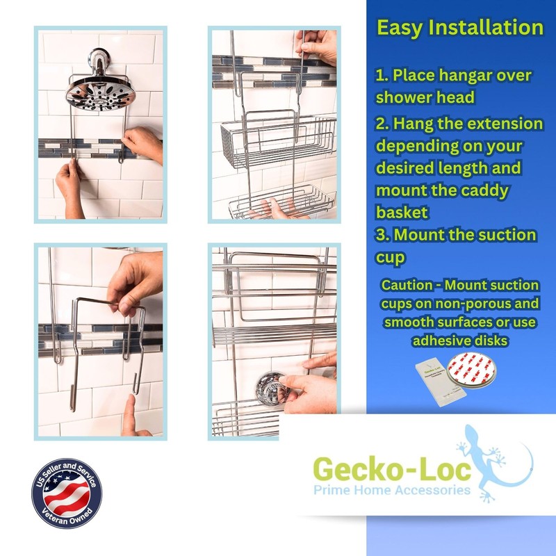 Gecko-Loc SHS-015EXT Extra Long Adjustable Hanging Shower Caddy, Over-the-Showerhead Organizer