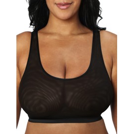 Curvy Couture Sheer Mesh Plus Size, Bralettes for Women with Support and Wireless, See Through Bras, Black Hue, Large Plus