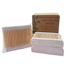 Bamboo Cotton Swabs 500 Count - Biodegradable Double-Tipped Organic Cotton Buds with Wooden Sticks for Makeup, Personal Care, Ear Cleaning and Pet Grooming