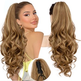 N NAYASA Light Brown with Highlights Ponytail Extension,24" Claw Clip in Long Curly Wavy Ponytail Hair Extension Jaw Clip on Pony Tails Hairpiece for Women