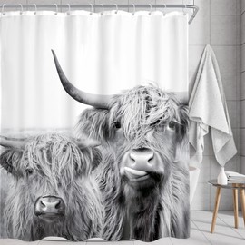 AMBZEK Two Cows Shower Curtain 72Wx72L Inch Rustic Bull Highland Cow Farmhouse Country Western Wild Animal Cattle Funny Artwork Cloth Fabric Waterproof Polyester Bathroom Decor Set with 12 Pack Hooks