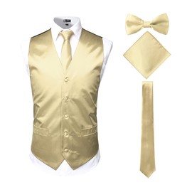 ZEROYAA Men's Solid 4pc Shiny Satin Vest Necktie Bowtie Pocket Square Set for Suit or Tuxedo ZLSV12 Champagne XX-Large